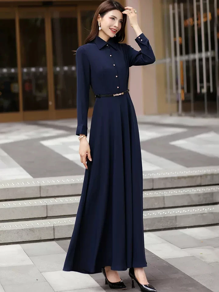 New Women Spring Autumn Overlength Shirt Dress Fashion Turn-down Collar  Long Sleeve Slim Dress Simplicity Navy Blue Long Dress - AliExpress  200000345
