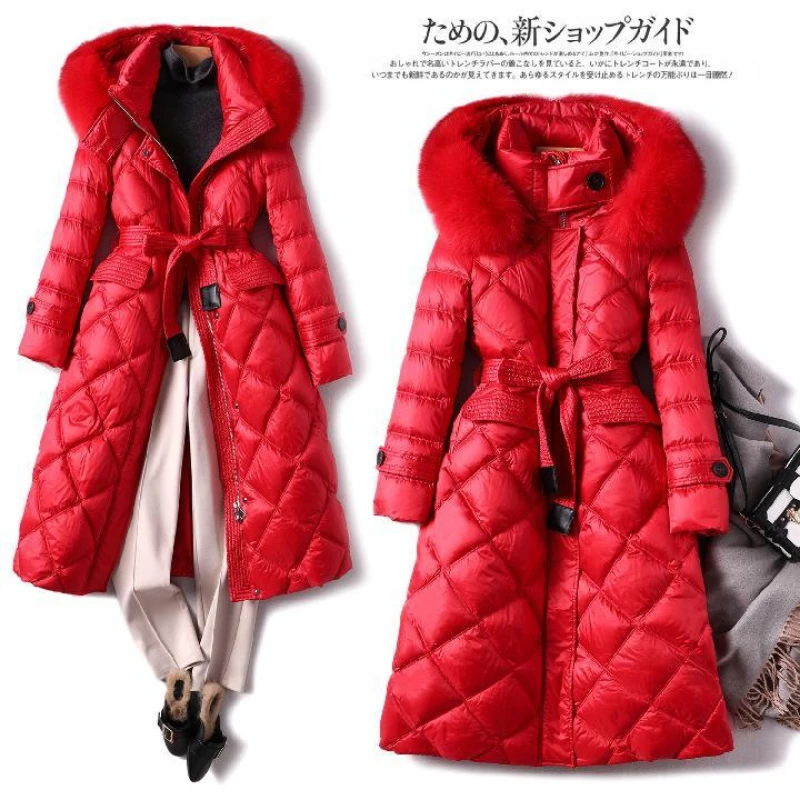 2023 Winter New Large Neck Down Jacket with Mid Long Style Temperament, Waist Over Knee Thickened White Duck Down Coat