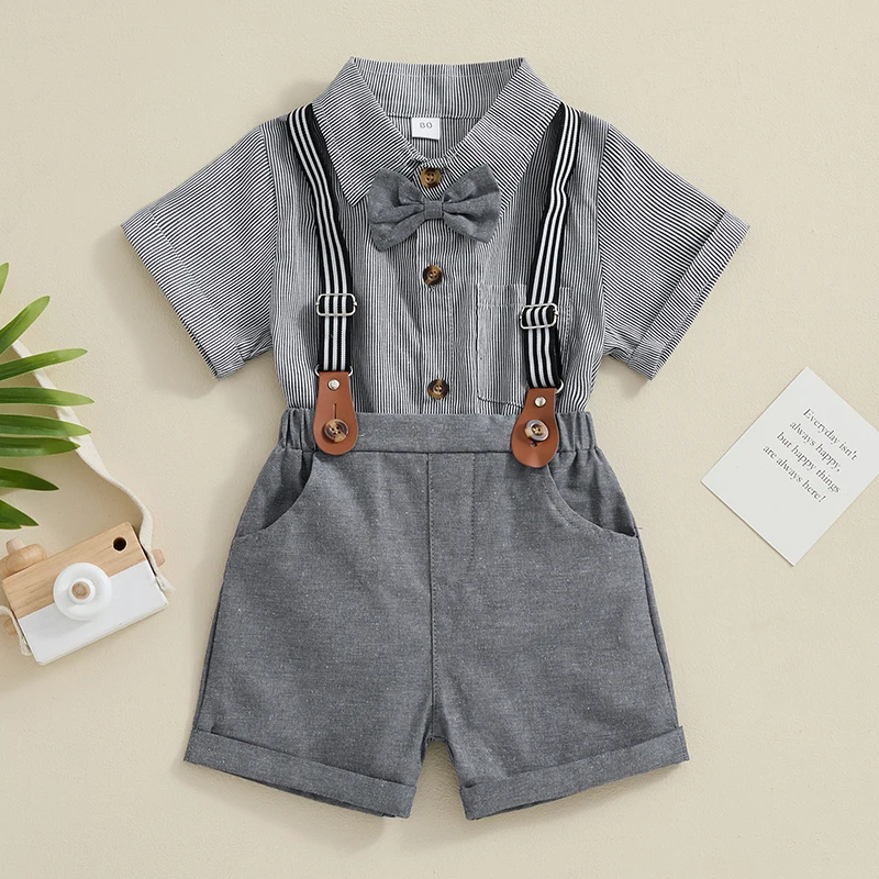 

2024-02-29 Lioraitiin Toddler Baby Boy Gentleman Set Stripe Pattern Short Sleeve Shirt with Suspender Shorts 2Pcs Outfit