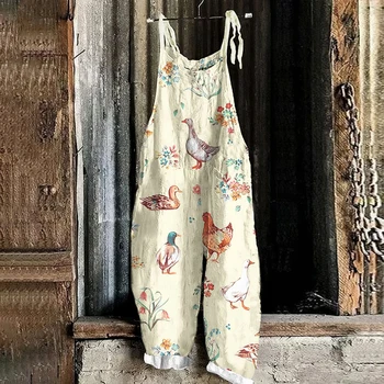 여성용 점프 슈트 풀오버 민소매 Chickadee 프린트 와이드 레그 팬츠 하이 스트리트 가을 캐주얼 홈 루즈 백 팬츠 2024