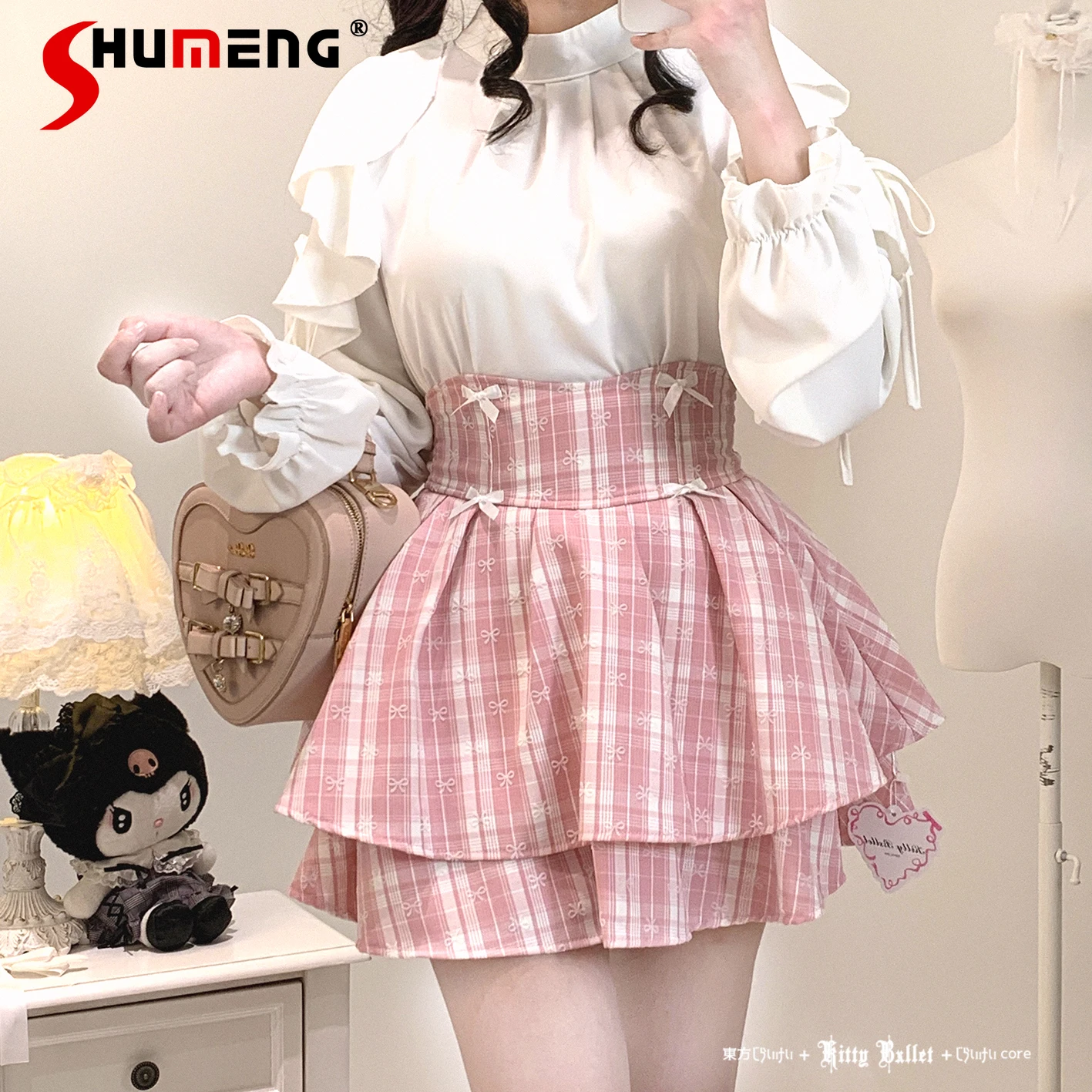 

Original Japanese Mines Style Sweet Lolita Girl Y2K Skirts High Waist Bow Double Layer Puffy Kawaii Skirts Women's Plaid skirt