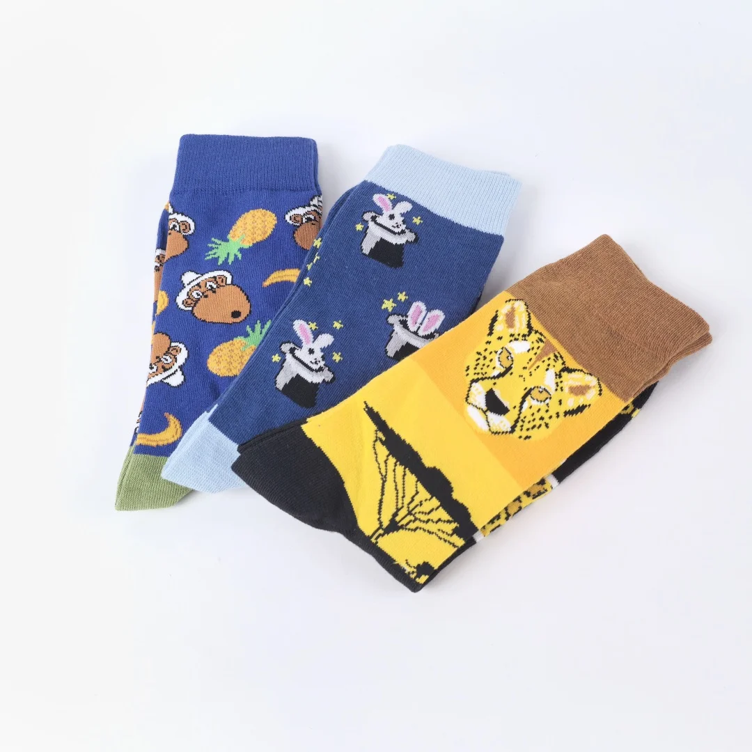 1 Pair Of Leopard, Monkey, Rabbit Pattern, Trendy Fashion Men's Mid-Calf Socks, Suitable for All Seasons