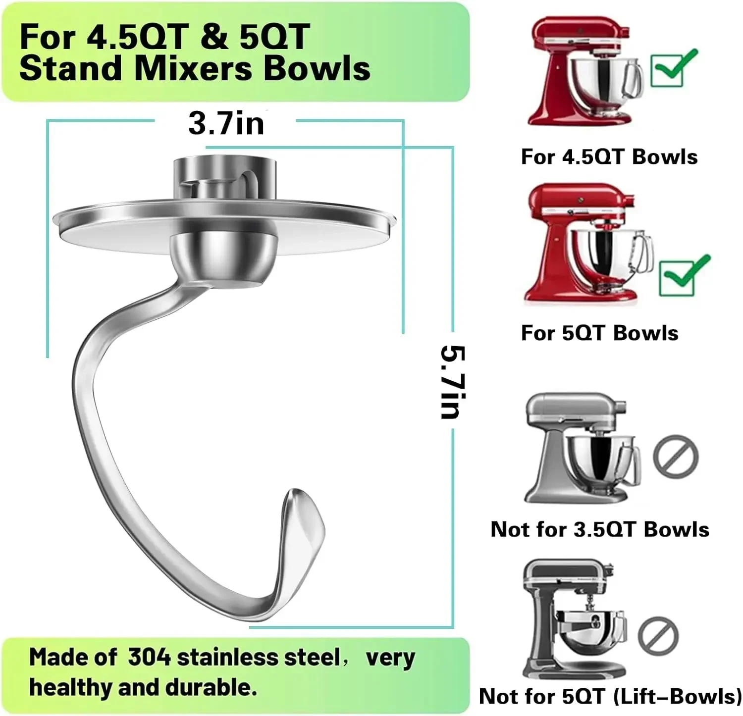 لخلاطات حامل كيتشن ايد 4.5-5QT خطاف عجين من الفولاذ المقاوم للصدأ ملحقات مناسبة برأس مائل بديلة مصقولة