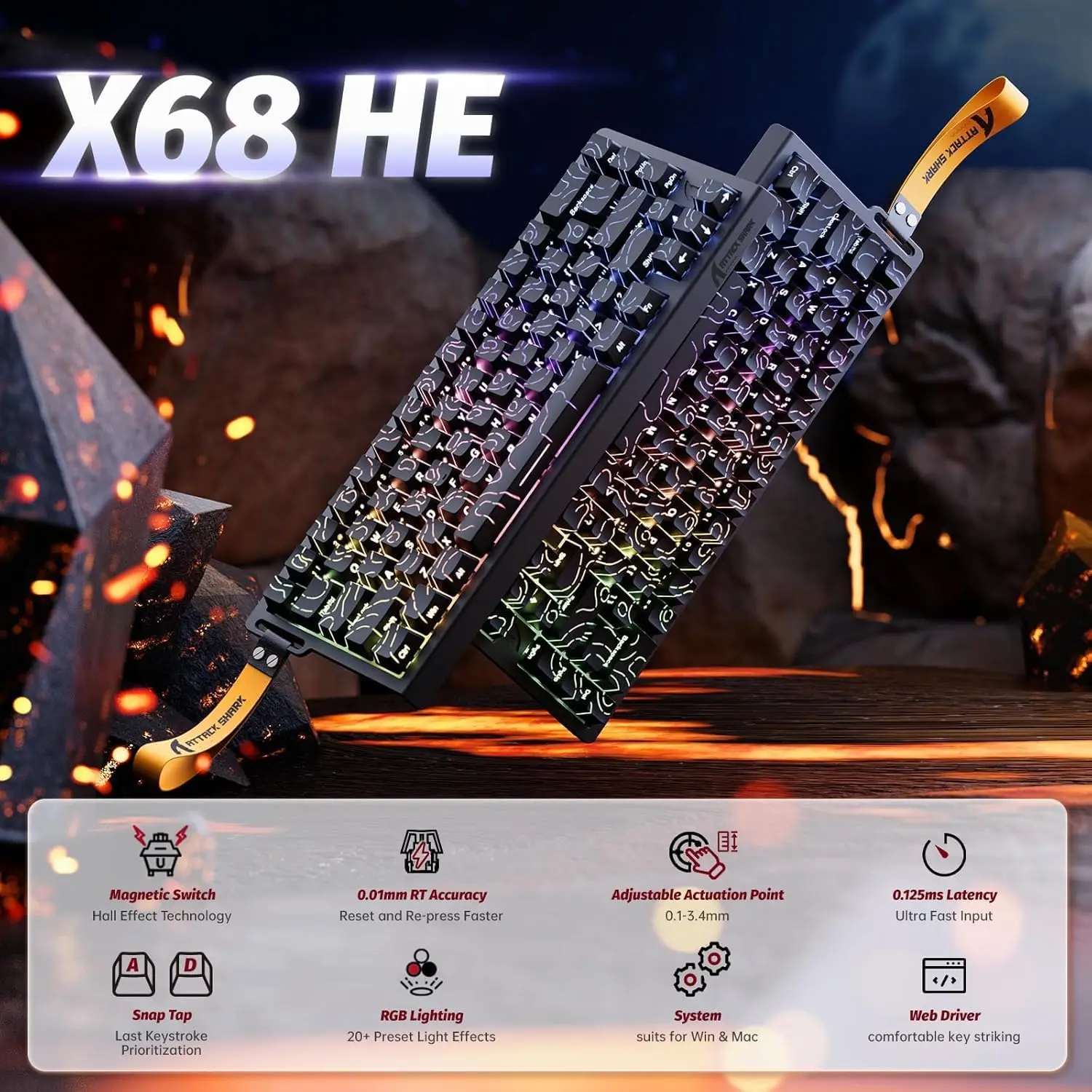ATTACK SHARK X68 HE Wired 8KHz Rapid Trigger Keyboard, 0.01mm RT Accuracy, Magnetic Switch, Adjustable Actuation, Snap Tap, RGB