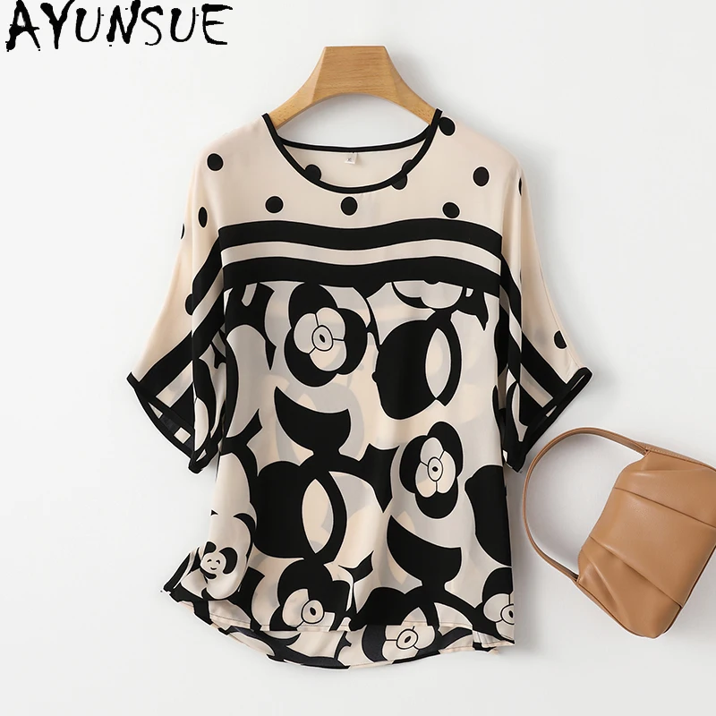 

AYUNSUE 92% Genuine Mulberry Silk Womens Shirts New 2024 Womens Summer Clothes Polka Dot Shirt Fashion Tops Рубашка Женская