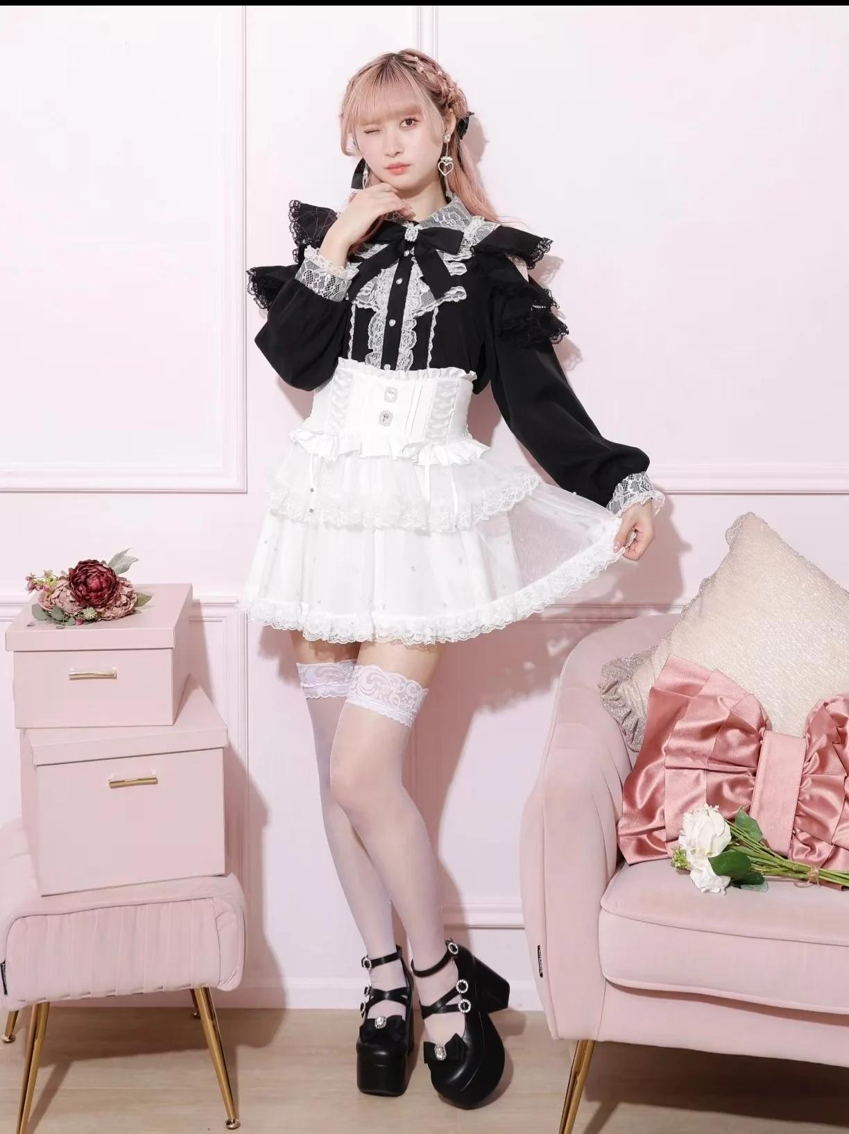 Mass Production Off-the-shoulder Mesh Bow Shirt Women Sweet Doll Collar Long-sleeved Shirt Spring Japanese Lolita Shirt Top