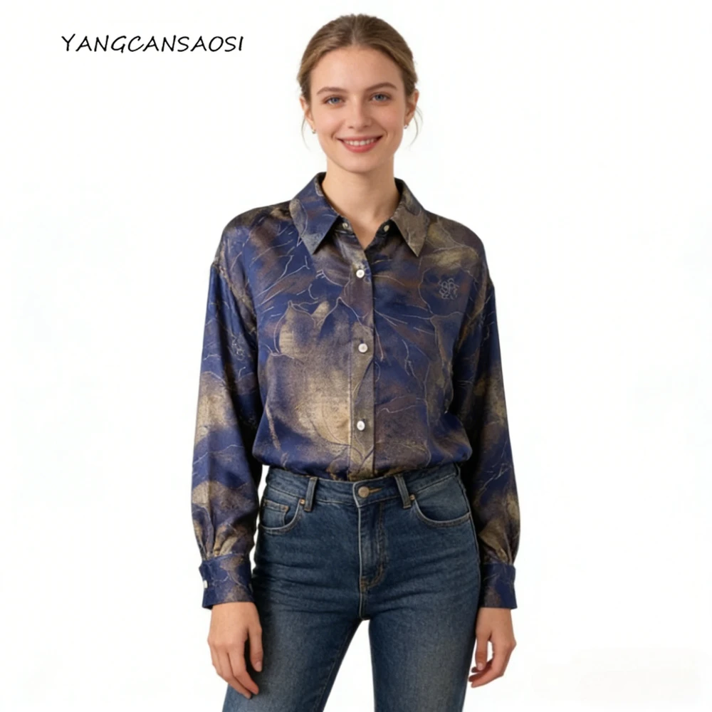 2026 여성 패션 봄 의류 100% 천연 뽕나무 실크 송 브로케이드 네이비 블루 연꽃 레트로 다용도 기품 있는 셔츠