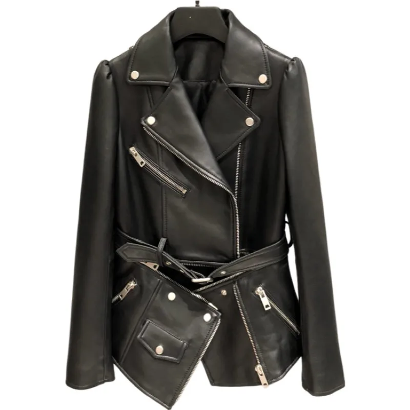 2024 Sheepskin jacket  zipper removed S-XXL  luxury jacket women  casaco feminino  blazers real leather  jaqueta black and white