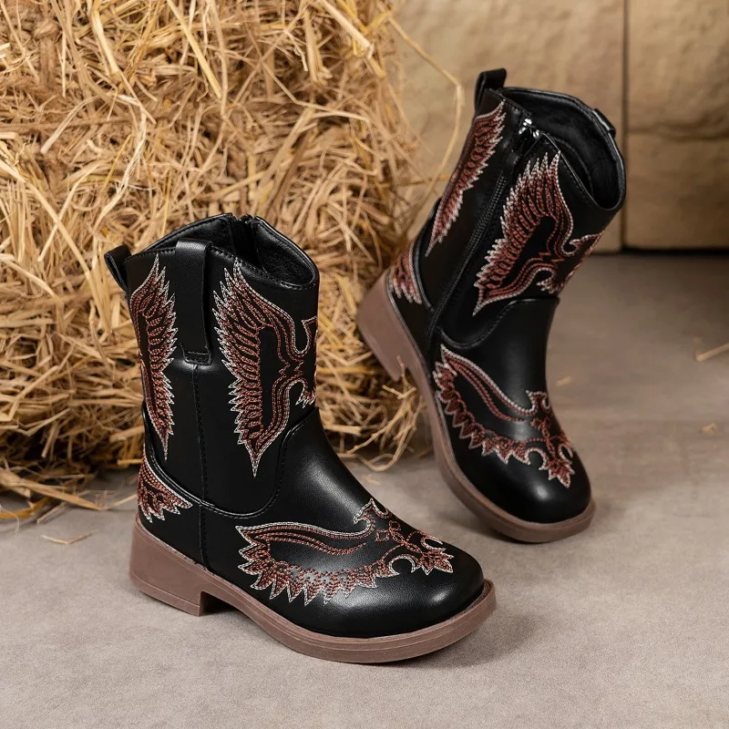 Children's Fashion Western Style Cowboy Boots Black PU Leather Gorgeous Wing Embroidery Zipper Closure Kids Shoes for Girl