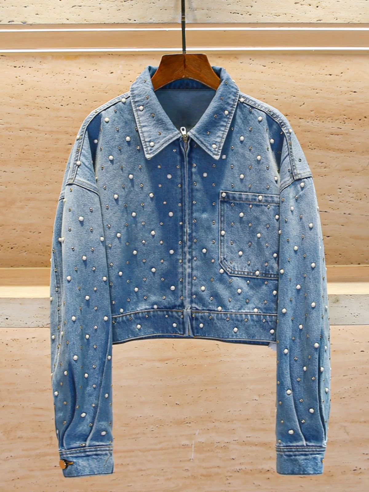 Elegant Women's Denim Jacket Heavy Embellishment Soft Style Spring Collection Comfortable Fit Short Coat Commute Style