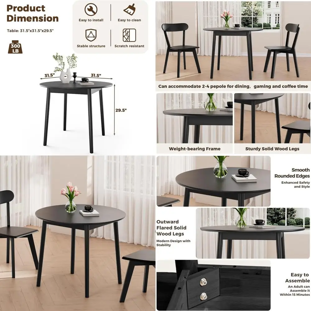 Mid-Century Modern 31.5 Round Solid Wood Dining Table, Seats 2-4, Ideal for Small Kitchen, Living Room, Office, Easy Assembly, S