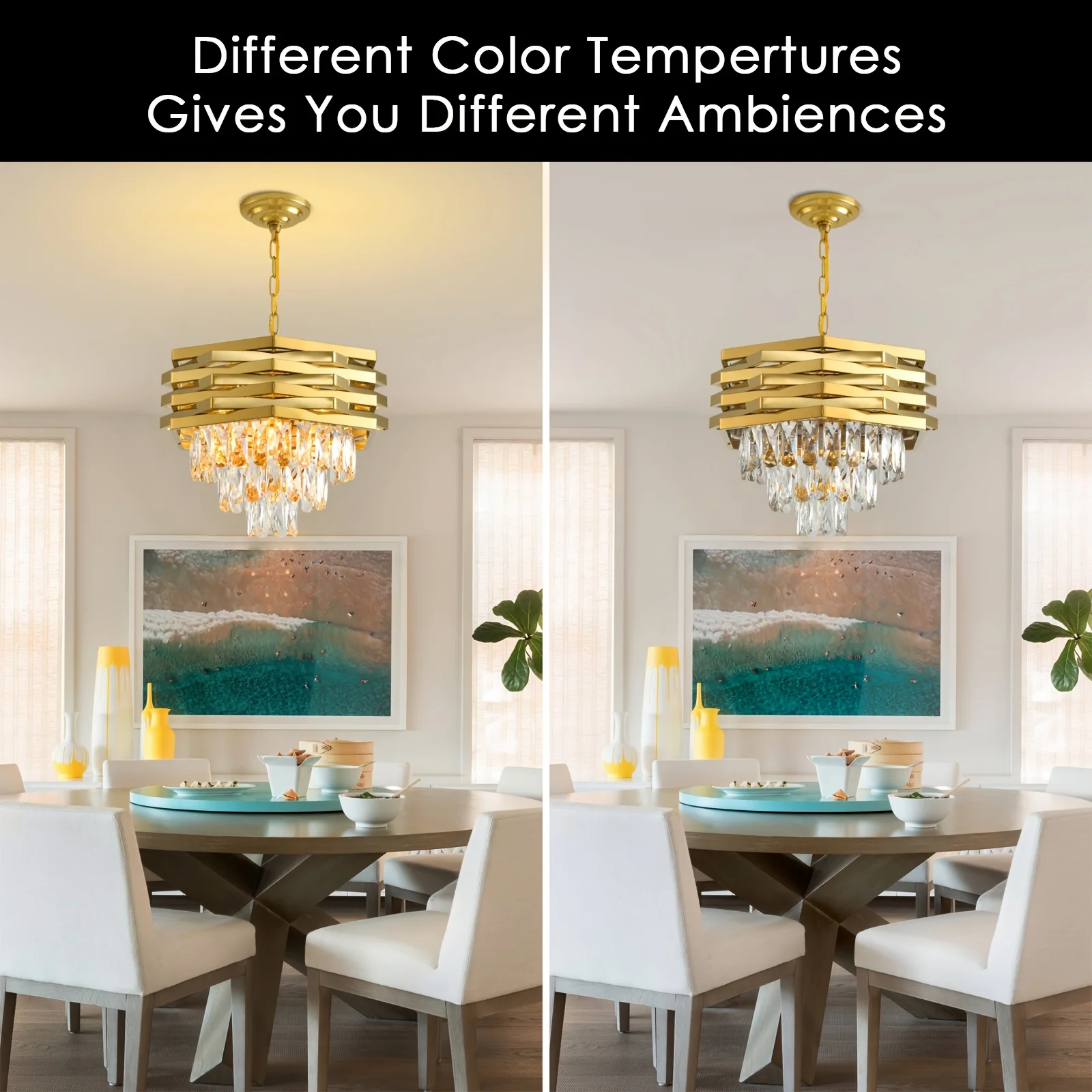 3-stufiger moderner LED-Kristall-Kronleuchter mit poliertem Metallrahmen – dimmbare Umgebungsbeleuchtung mit Auf- und Ab-Gericht