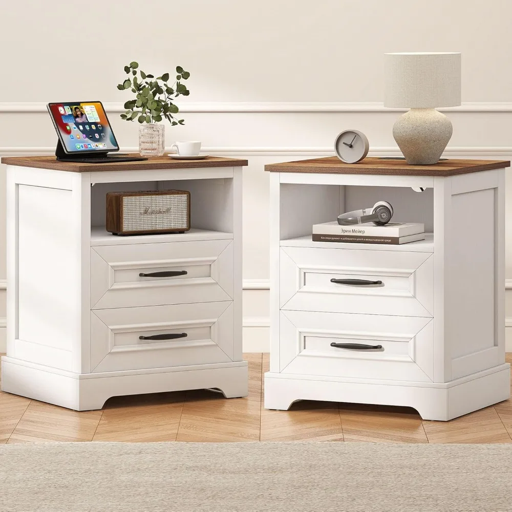 Farmhouse Nightstand with Charging Station, Wood Night Stand Set 2, 2 Drawer Nightstands Set of 2, Bedside Table with Storage, R
