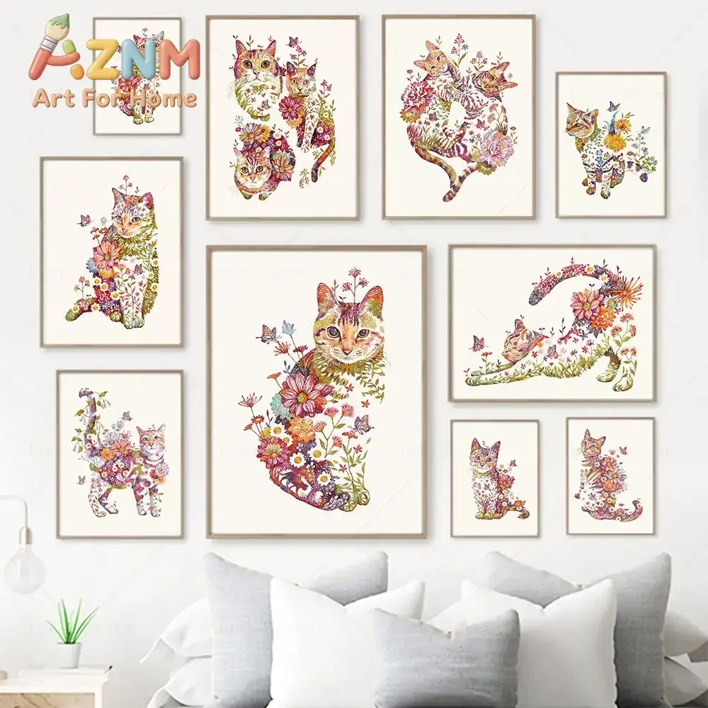 AZNM Frameless Canvas Wall Art, Floral Pattern Cat and Butterfly Print, Decor for Living Room Bedroom Pet Lover Wall