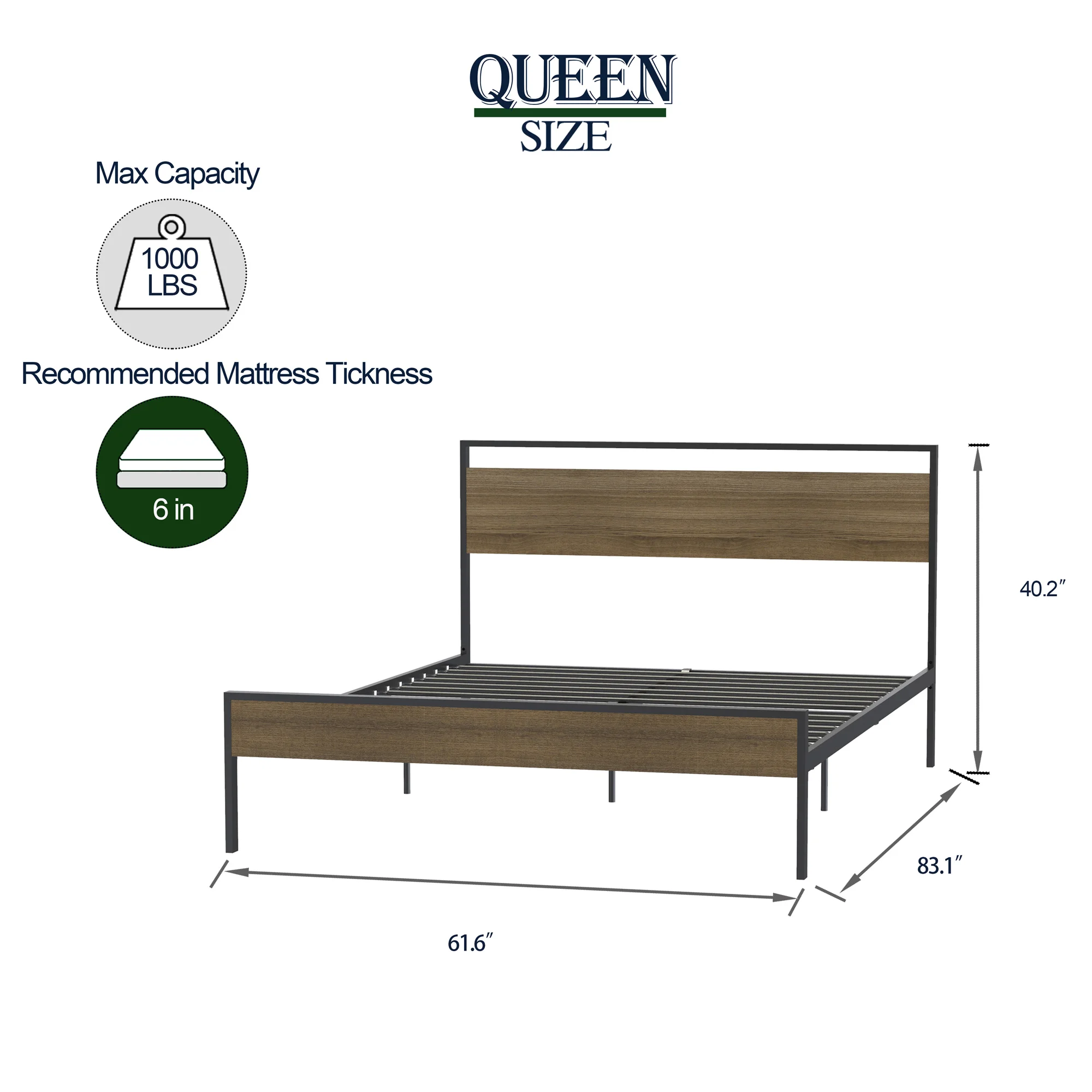 [Flash Sale]King/Queen Size Ceres Metal Bed Frame Black with Walnut/Cinnamon Wood Headboard&Footboard[US-W]