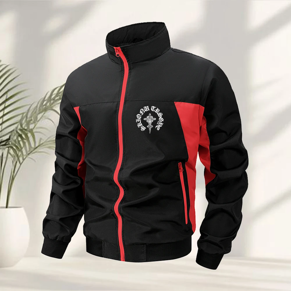 Men's Stand Up Collar Jacket With Cross Badge Print Outdoor Casual Fitness Windproof Jacket Running Cycling Zip Up Pocket Top