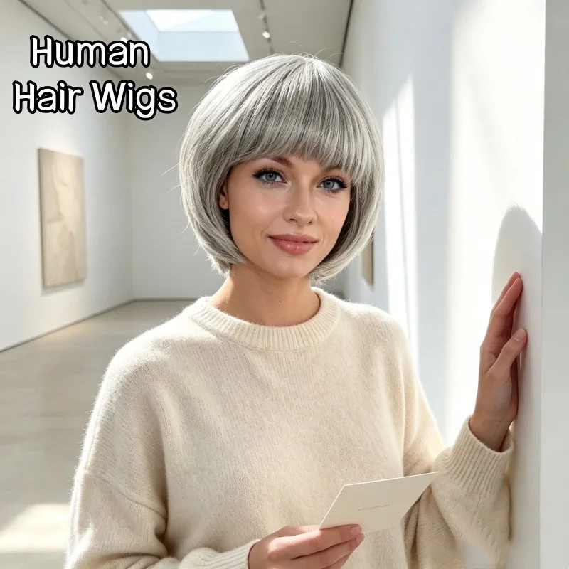 Perruque courte bob épurée Ethereal 2026 Dusk Dark Gray, perruque en cheveux humains authentiques gris clair pâle 150%, perruque complète et aérienne pour femmes