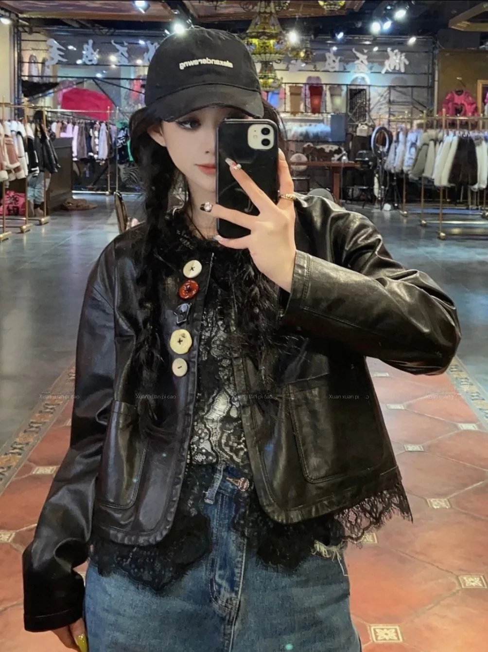 

Real Leather Biker Jaet Women's Faion round Ne ort Sle Lace Trimmed Sve Long Zipper Closure Commute Sle Coat