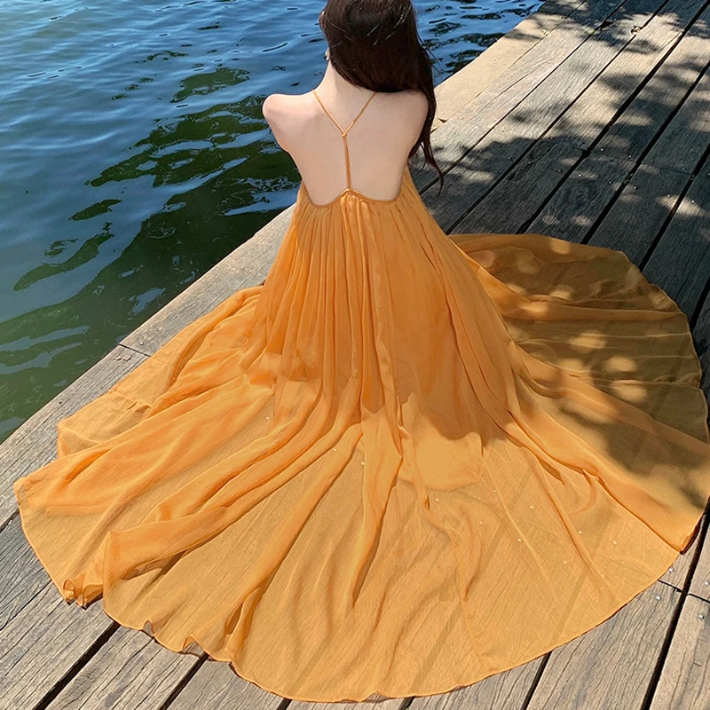 Sukienka damska vintage boho szyfonowa luźna letnia seksowna bez pleców elegancka wakacyjna plażowa codzienna