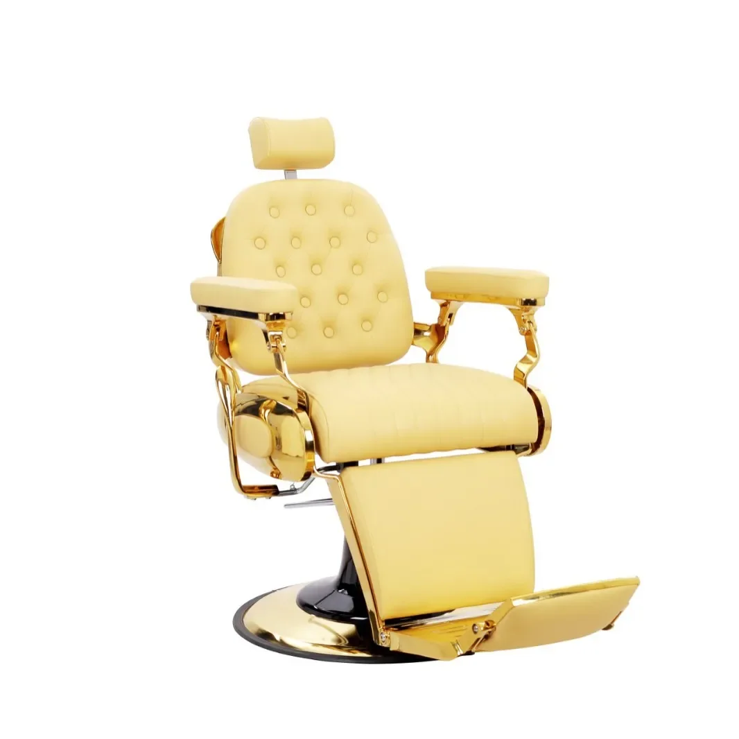 Premium Yellow hair chair gold-plated chassis hydraulic heavy duty retro chair reclining