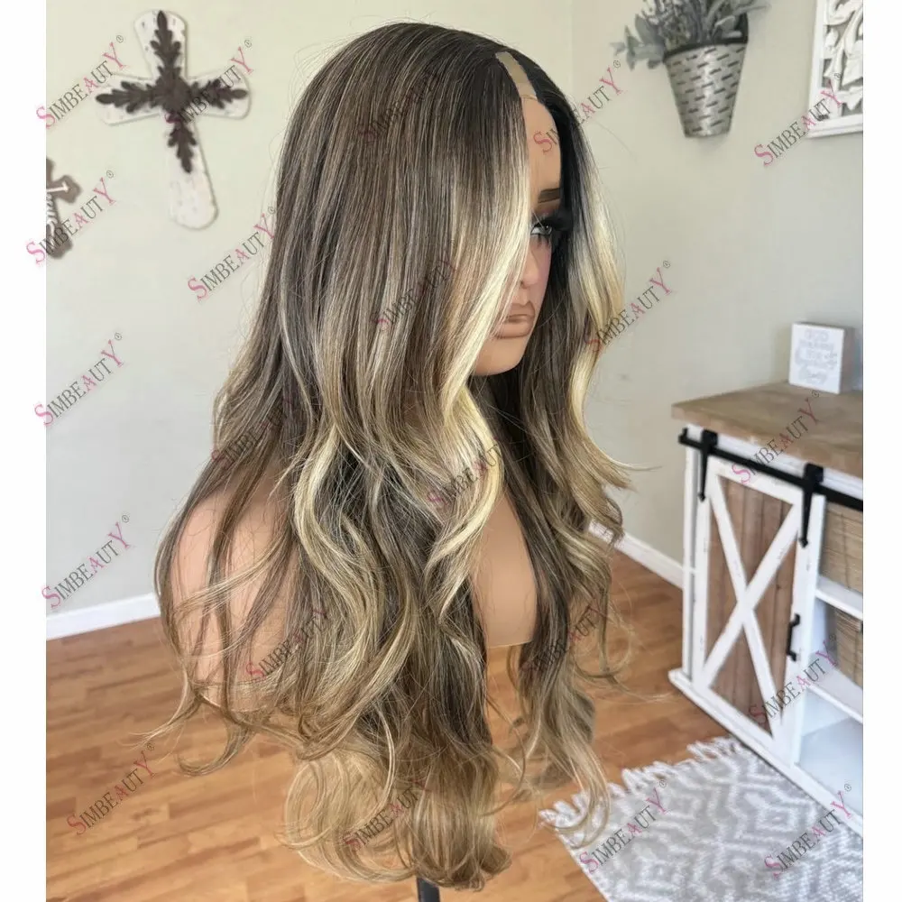 Braunblondes Highlight, klebefreie 1x4-Größe, U-Part-Perücke aus Echthaar, leicht gewellt, vollständig maschinell gefertigt, V-Part-Perücke für Damen, 200 Dichte – Detail 2