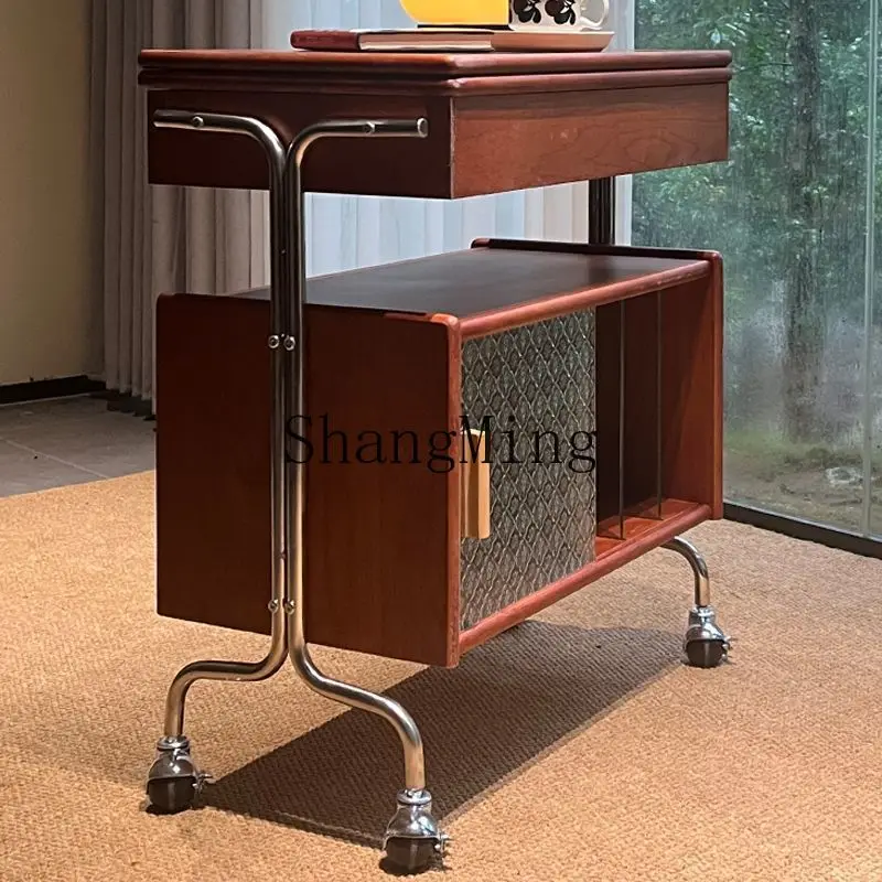 

FG medieval style all solid wood storage side cabinet movable corner table storage trolley living room retro coffee table