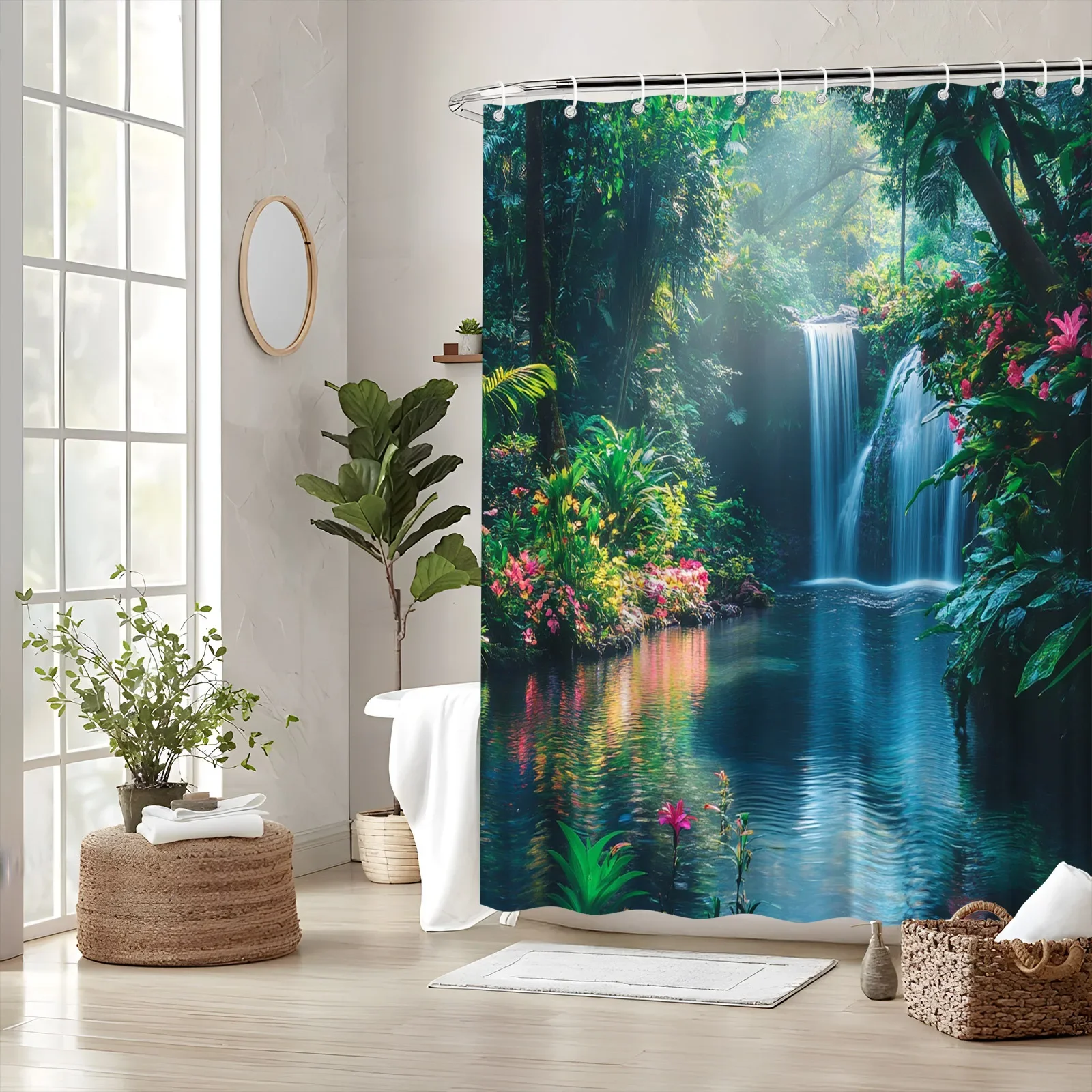 ~O~1pc Tropical Rainforest Waterfall with Colorful Flowers Bath Curtain, Serene Nature Scene, 12 Hooks, 70.8X70.8 inches