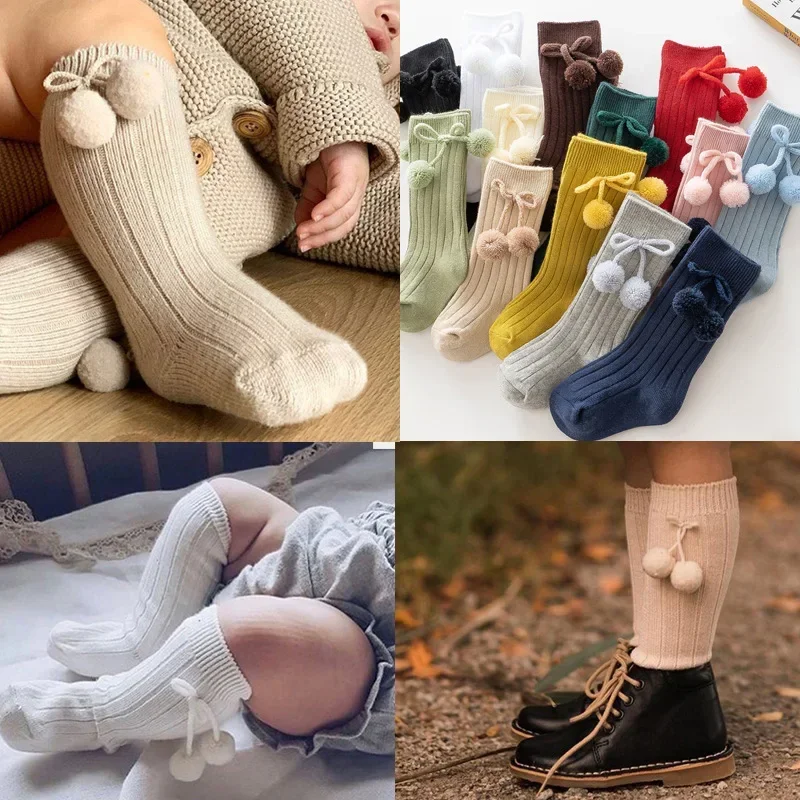 Baby Socks Anti-Slip Kids Autumn Winter Sock Pompom Girls Boy Candy Color Leg Warmers Ribbed Infant Knitted Socks 0-5Y