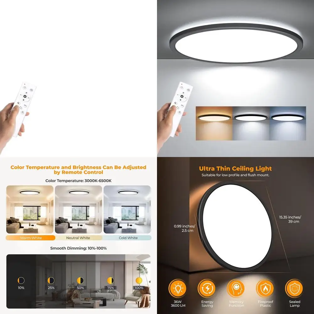 

15.4 Inch 36W Dimmable LED Flush Mount Ceiling Light with Remote, 3000K-6500K, Black for Home