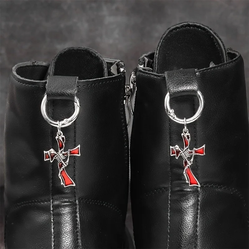 2Pcs Gothic Red imitation enamel skull cross, O-ring metal shoe pendant, punk shoes detachable hanging decoration