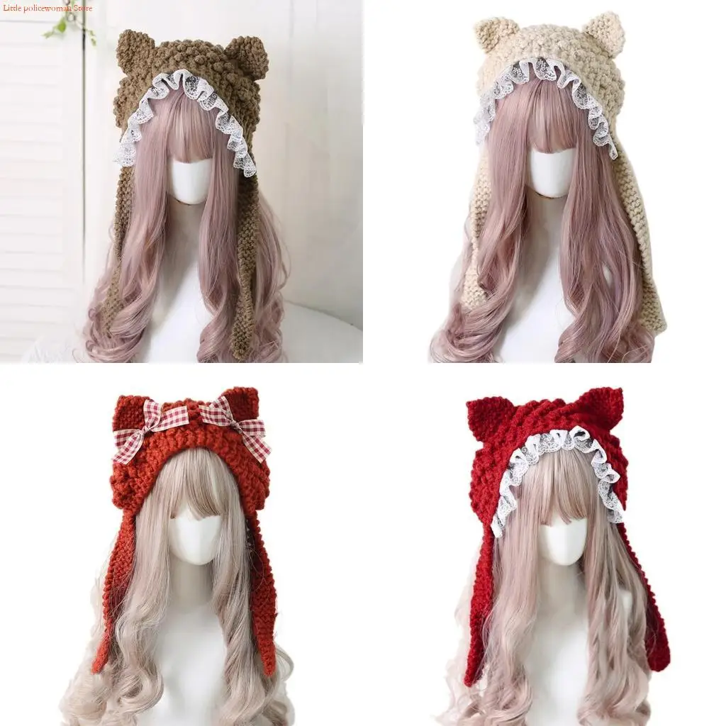 

F92D Cartoon Knitted Kitten Hat Winter Warm Earflap Hat with Bowknots Lovely Photo Props Ruffle Lace Crochet Beanie Hat