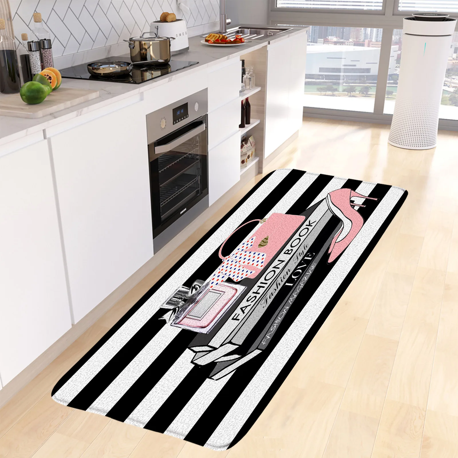 Fashion Perfume Kitchen Mat Pink Floral High Heel Black White Striped Women Bedroom Carpet Home Bathroom Decor Bath Mat Door Rug