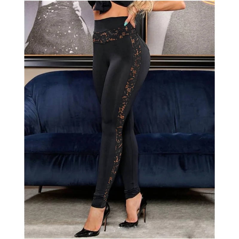 Faion High-Waist Skinny Yoga Trousers Women Casual Sport Cotton Blend Street Sle Lace Detail Long Pants