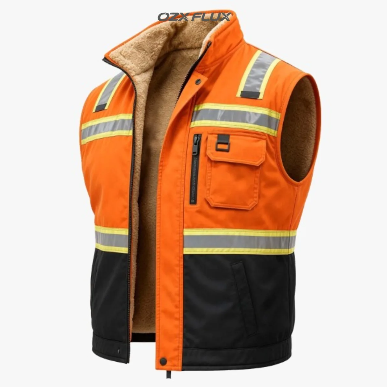 Men's Orange Hi Vis Work Vest Reflective Stripes Sleeveless Zip Up Warm Lined Utility Gilet with Pockets for Outdoor Work