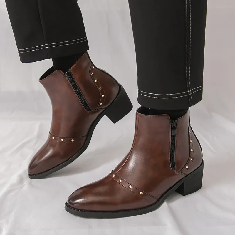 

Men's British-style retro mid-calf trendy business leather boots, high-top pointed toe Chelsea short boots