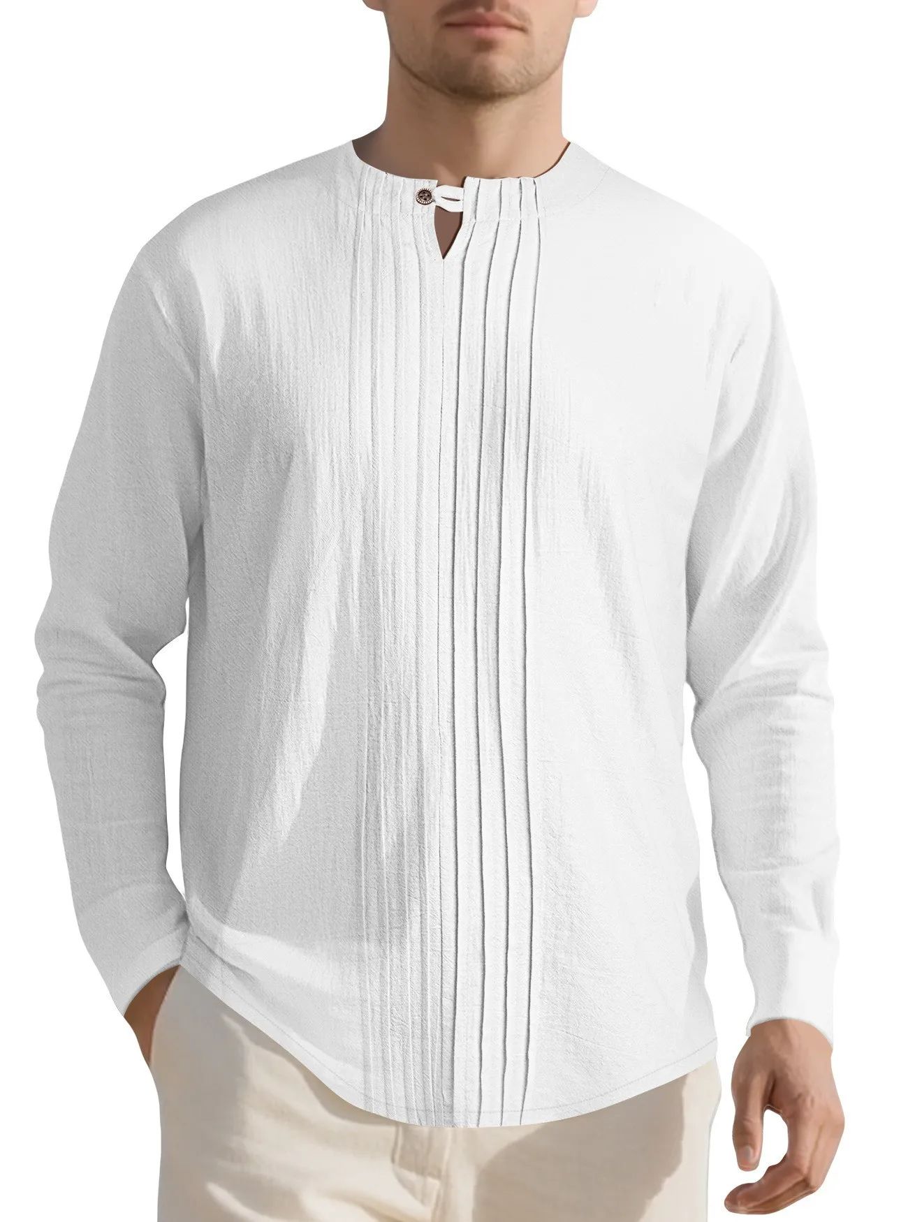 Retro Medieval Men Cotton Linen Shirt Henry Collar Long Sleeve Loose Blouse Vintage Casual Beach Shirts Breathable Daily Tops