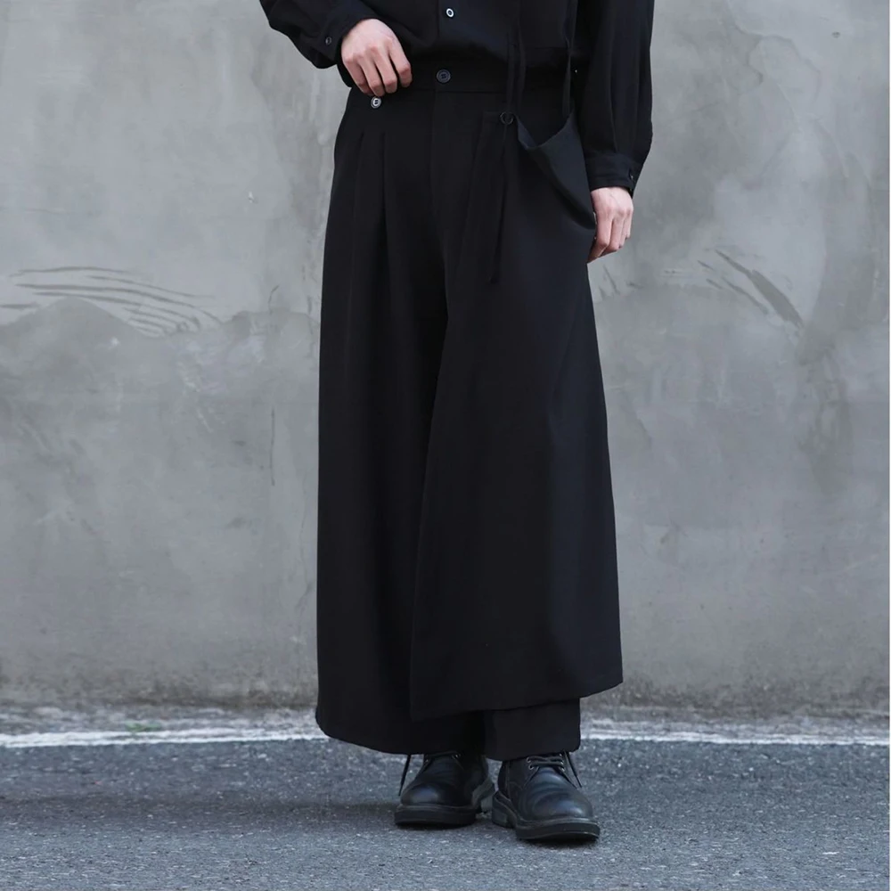 Y2k Culottes Double-Layer Side Hem Casual Samurai Pants Hakama Genderless Streetwear Fashion Niche Youth Campus Wide-Leg Pants