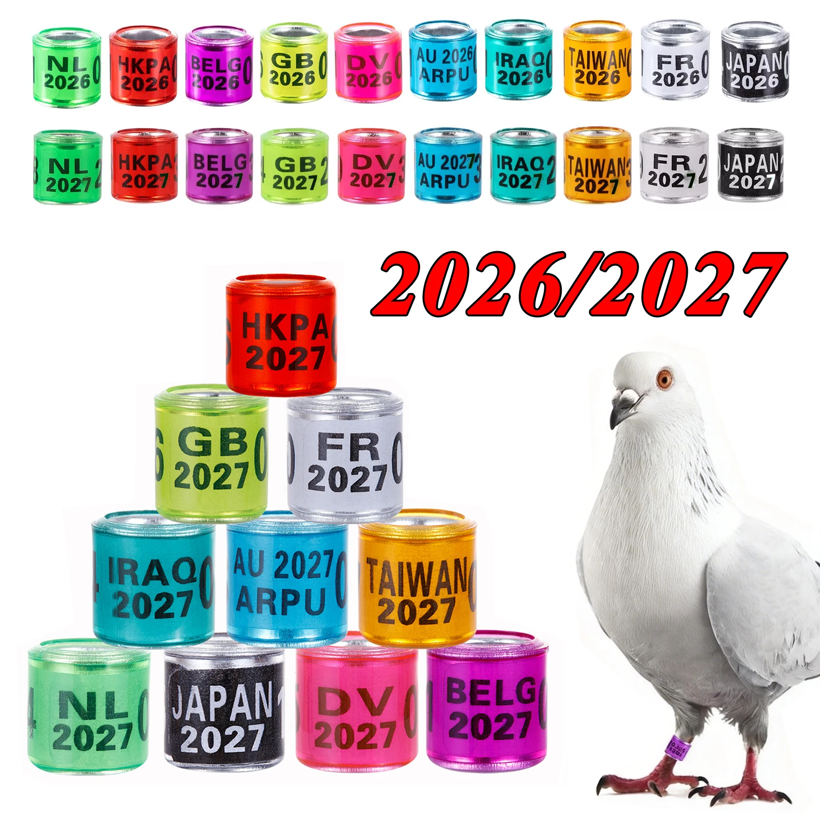 100 Uds 2026/2027 año anillo de pie de Paloma Multicolor con número pájaro palomas entrenamiento identificación de carreras anillo de pierna 10 colores