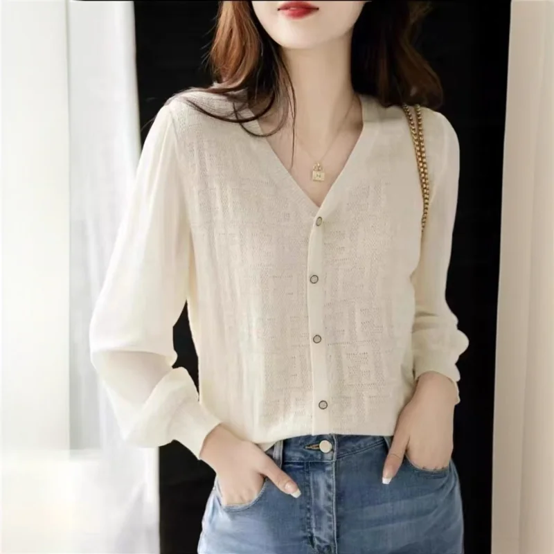 

Вискозный вязаный топ, женская свободная короткая блузка с длинным рукавом и V-образным вырезом