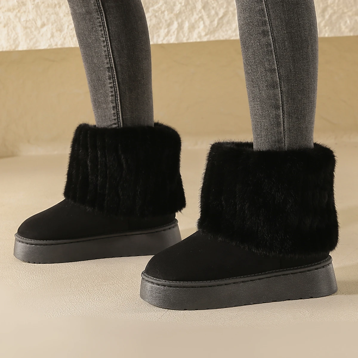 2024 Winter Women Short Plush Warm Snow Boots Casual Shoes New Suede Fur Chelsea Ankle Boots Flats Platform Ladies Shoes Botas