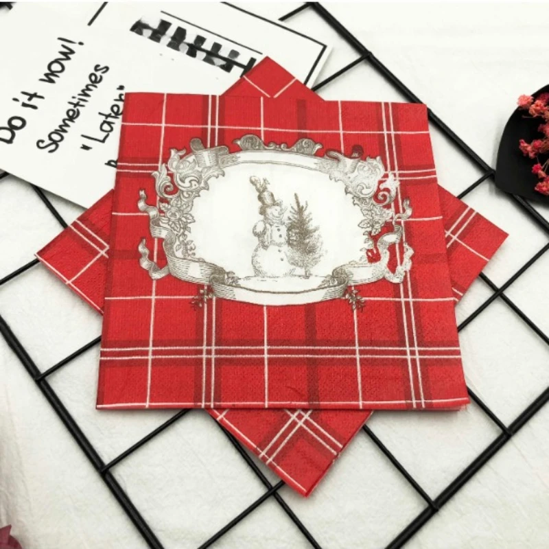 ColorfulPrinted Napkins Christmas Plaid Cartoon Snowman Christmas Festival Party Tissue Paper Wine Glass Folding Paper wholesale