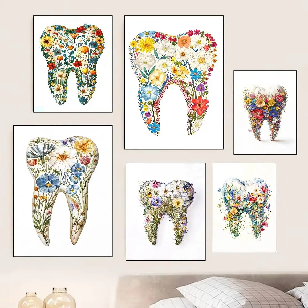 Colorful Flowers Tooth Drawing Poster Self-adhesive Art Room Entrance Restaurant Wall Decor Art Painting