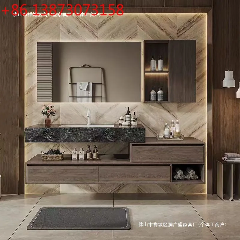 

Song style aesthetics medieval style walnut slate ceramic seamless integrated basin bathroom cabinet combination bathroom wash