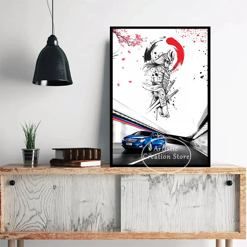 Japanese Car and Samurai Spirit Poster Nissan GTR R34 Sports Car Art Print Canvas Wall Art Pictures for Living Room Room Decor