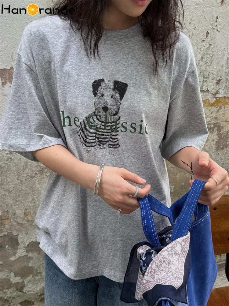 HanOrange Summer Dog Letter Printed Short Sleeve T-shirt Women Fashion Age Reducing Soft 100% Cotton Top Tees White/Gray