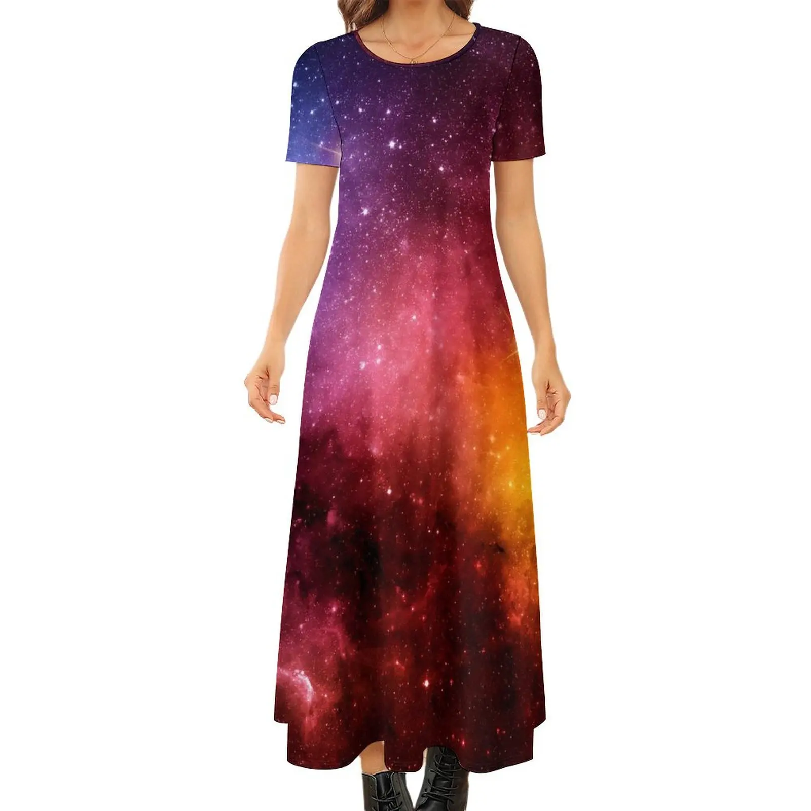 

Galaxy And Nebula Dress Outer Space Kawaii Maxi Dress Short Sleeve Aesthetic Bohemia Long Dresses Ladies Oversized Clothing