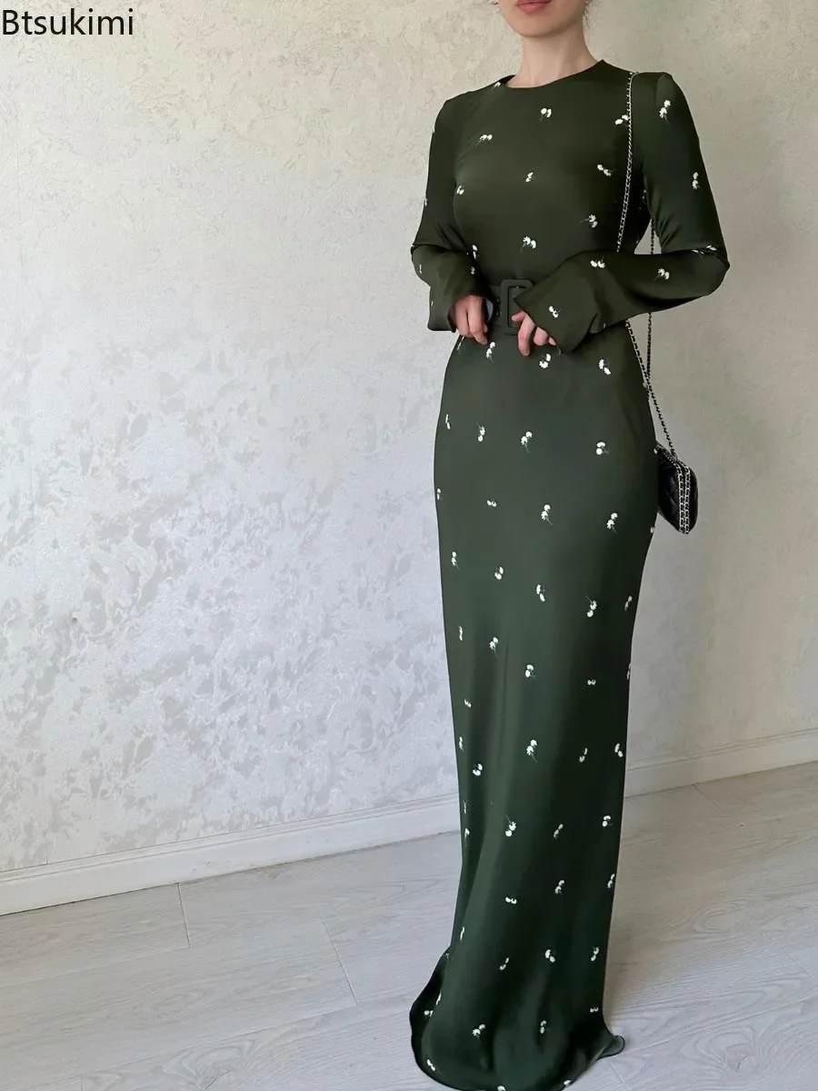 

2025 Elegant Lady Maxi Dress New Flower Print Slim Belt Party Long Dresses Temperament Slim Flounced Edge A-line Dress for Women