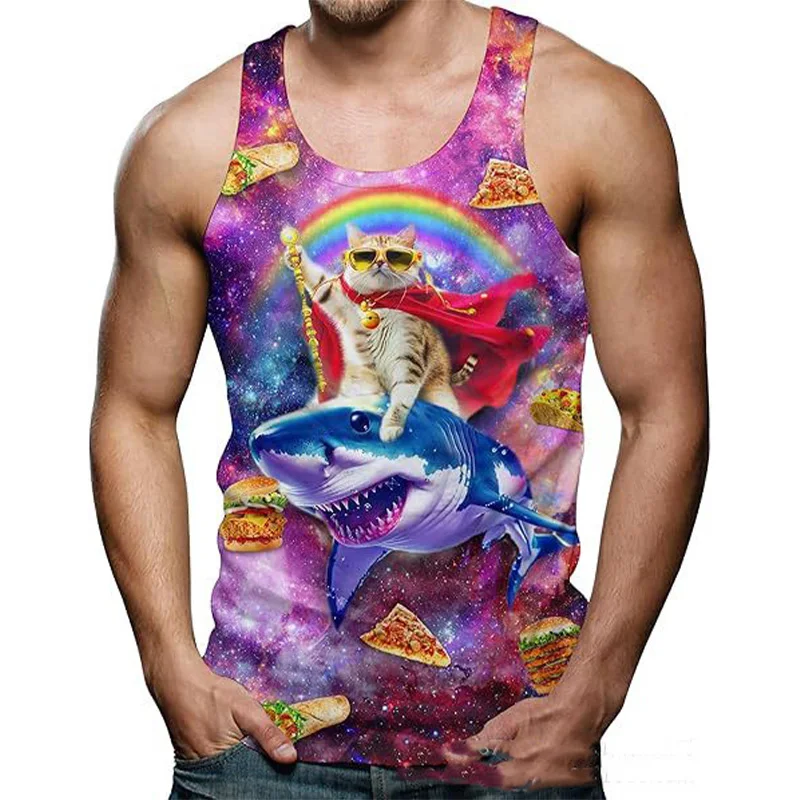 

Funny Shark Cat 3D Print Tank Tops Men's Summer Oversized O-Neck Vest Fitness Gym Streetwear Sleeveless Beach Tops Men Clothing