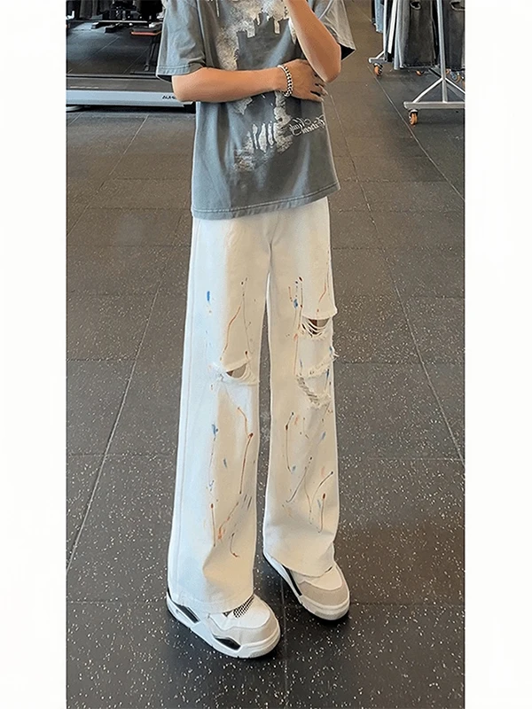 

White Splashed Ink Ripped Denim Jeans Men's Summer American Cleanfit High-End Straight Leg Wide Leg Pants Casual Jeans