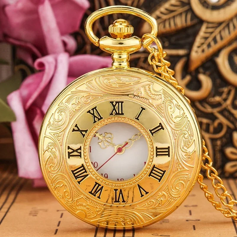Luxury Golden Pocket Watch Carved Roman Numeral Case Hollow Out Timepiece for Men Women Quartz Movement Clock Sweater Chain